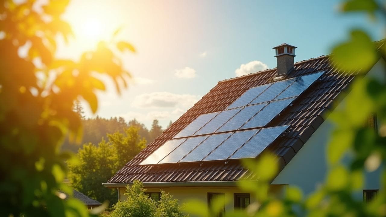 Casa com painéis solares instalados no telhado, sob um céu ensolarado